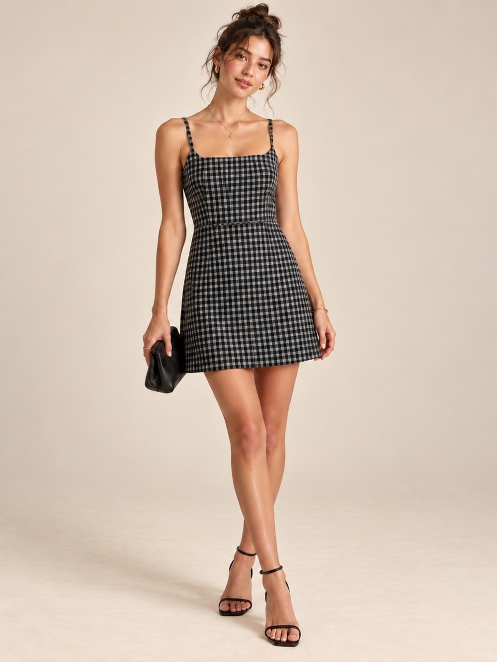Black Gingham Square-Neck Mini Dress